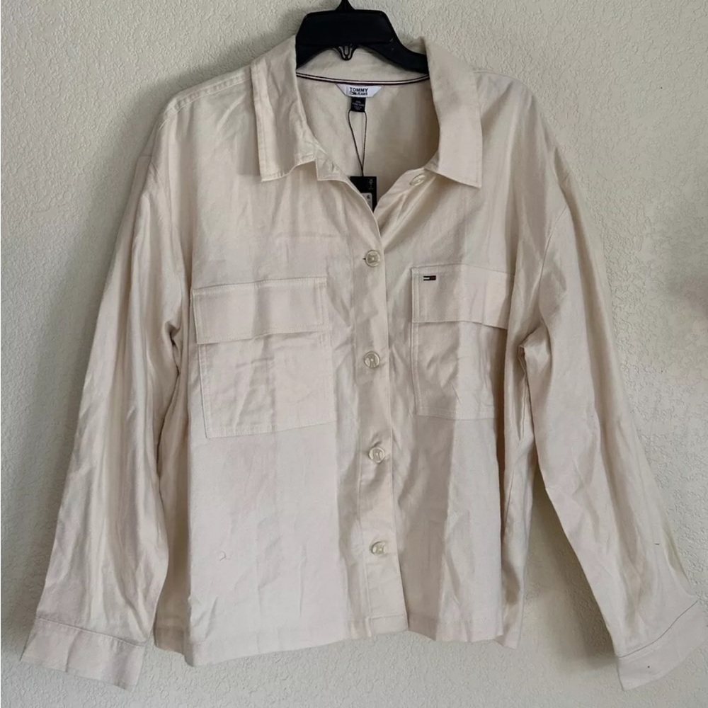 Tommy Jeans Women Button Up Shirt Long Sleeves Chest Pockets Beige Size XL